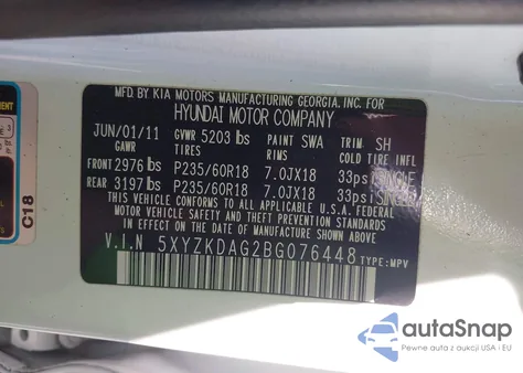 2011 Hyundai Santa Fe Limited V6 из США, поврежденный, VIN 5XYZKDAG2BG076448